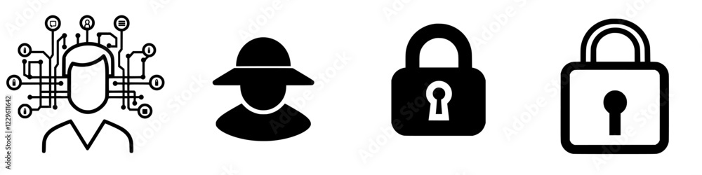 Poster visual representation of cybersecurity concepts featuring various symbols of protection and anonymit