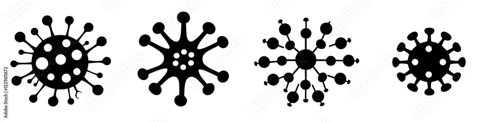 Poster different black virus illustrations on a white background showing various shapes and structures