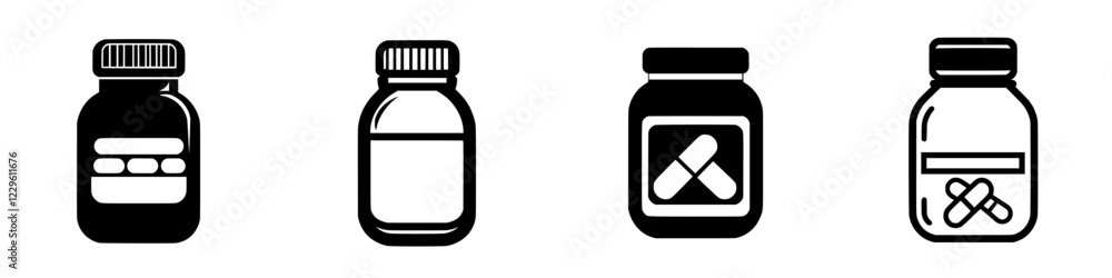 Poster various medical container designs showcasing different medication types and uses in a minimalistic s
