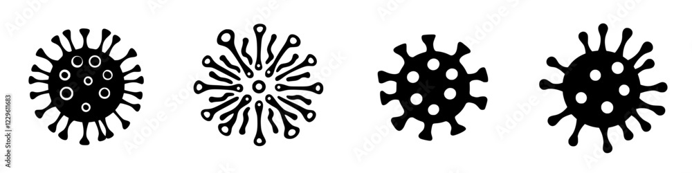 Poster illustration of various virus designs showcasing unique shapes and patterns with a bold black color 