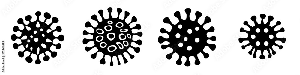 Poster virus illustrations depicting various shapes and sizes of microorganisms with distinct patterns and 