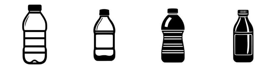 Clear and dark plastic bottles arranged in a row with various shapes and sizes in a minimalistic style