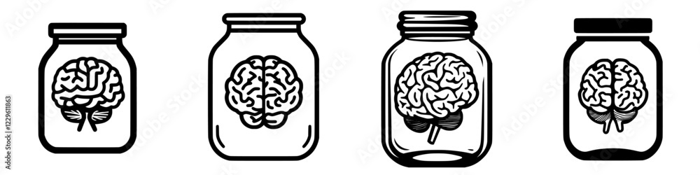 Poster various jar designs featuring stylized brain illustrations with unique details displayed on a plain 