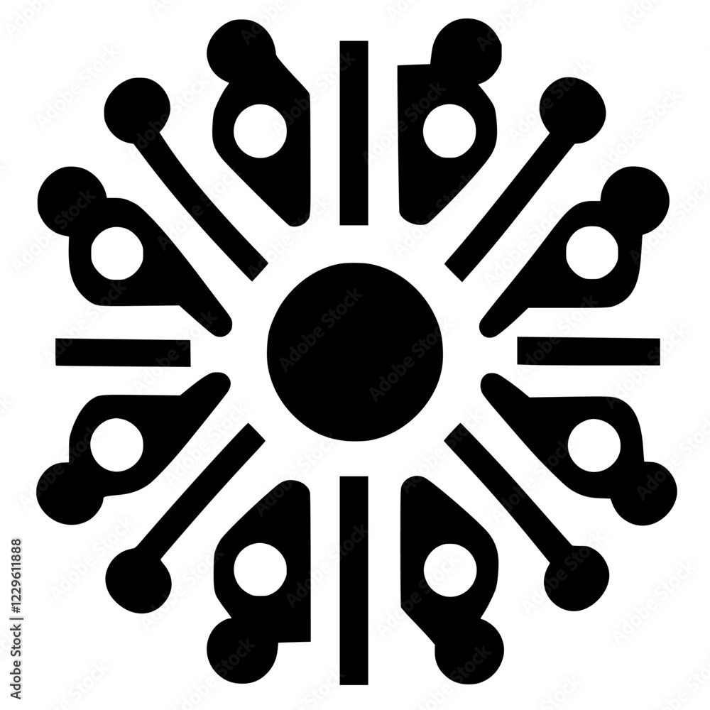 Poster circular pattern design featuring interconnected shapes and symmetrical lines in a minimalist style,