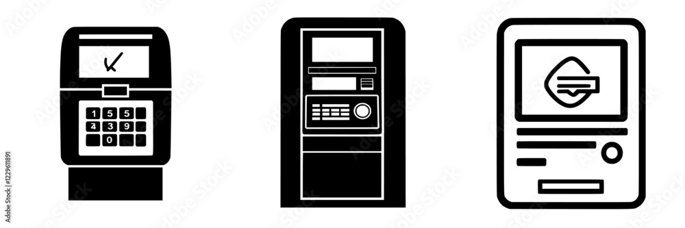 Poster different types of automated machines for banking services located in a public area