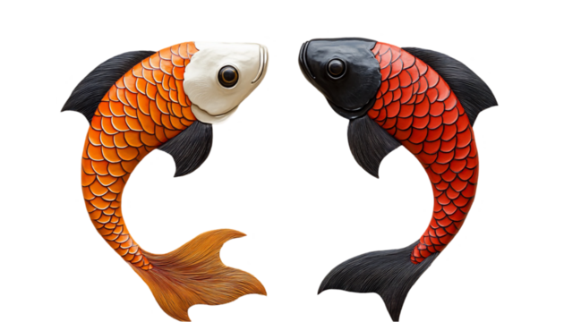 Two Ornamental Koi Fish Metal Sculptures on Black Background