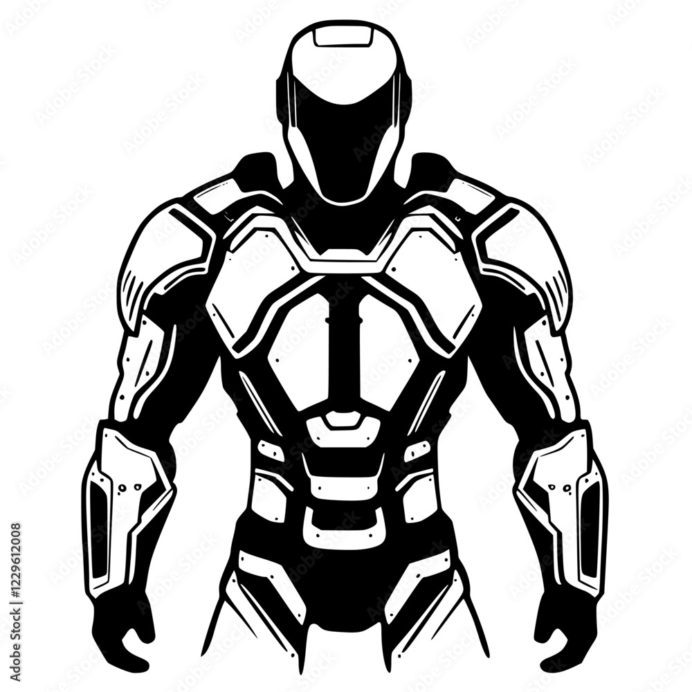 Poster futuristic armored character in a dynamic pose showcasing strength and technology in a minimalist st