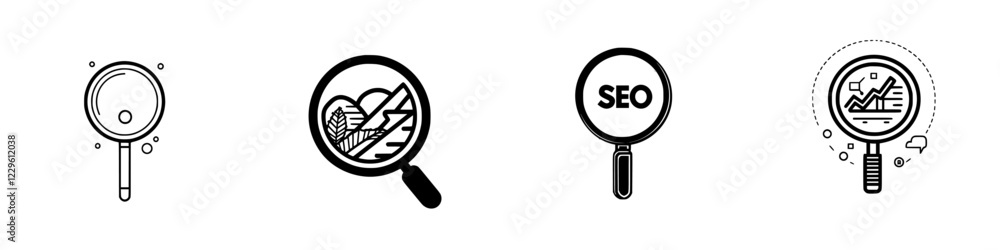 Poster exploration of various magnifying glass designs showcasing different themes and concepts in a minima