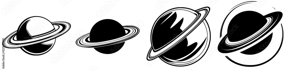 Poster different artistic representations of saturn showcasing its iconic rings and planet variations in a 