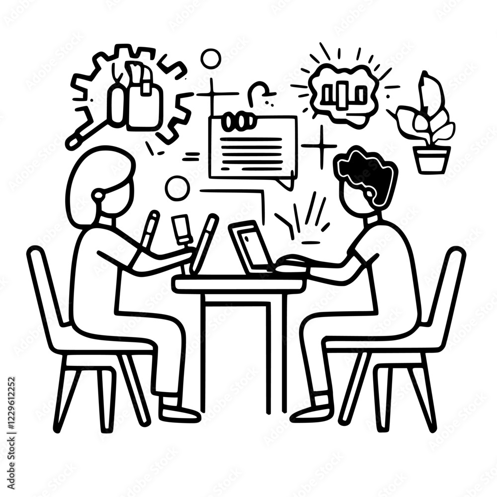 Poster collaboration between two individuals at a workspace with digital tools and brainstorming concepts r