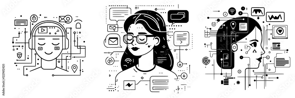 Poster digital illustration showcasing communication and technology concepts in a modern setting