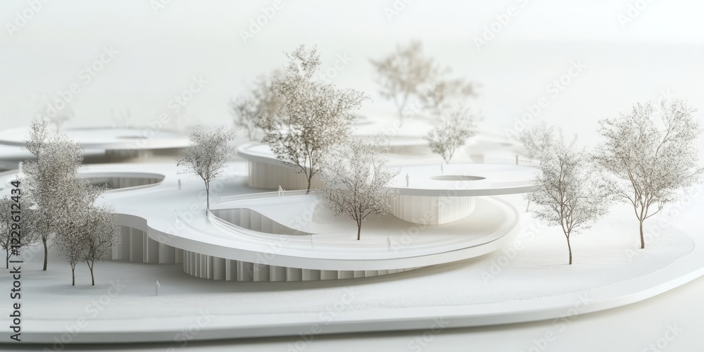 Poster a modern architectural model showcasing organic curves and minimalist design with integrated trees a