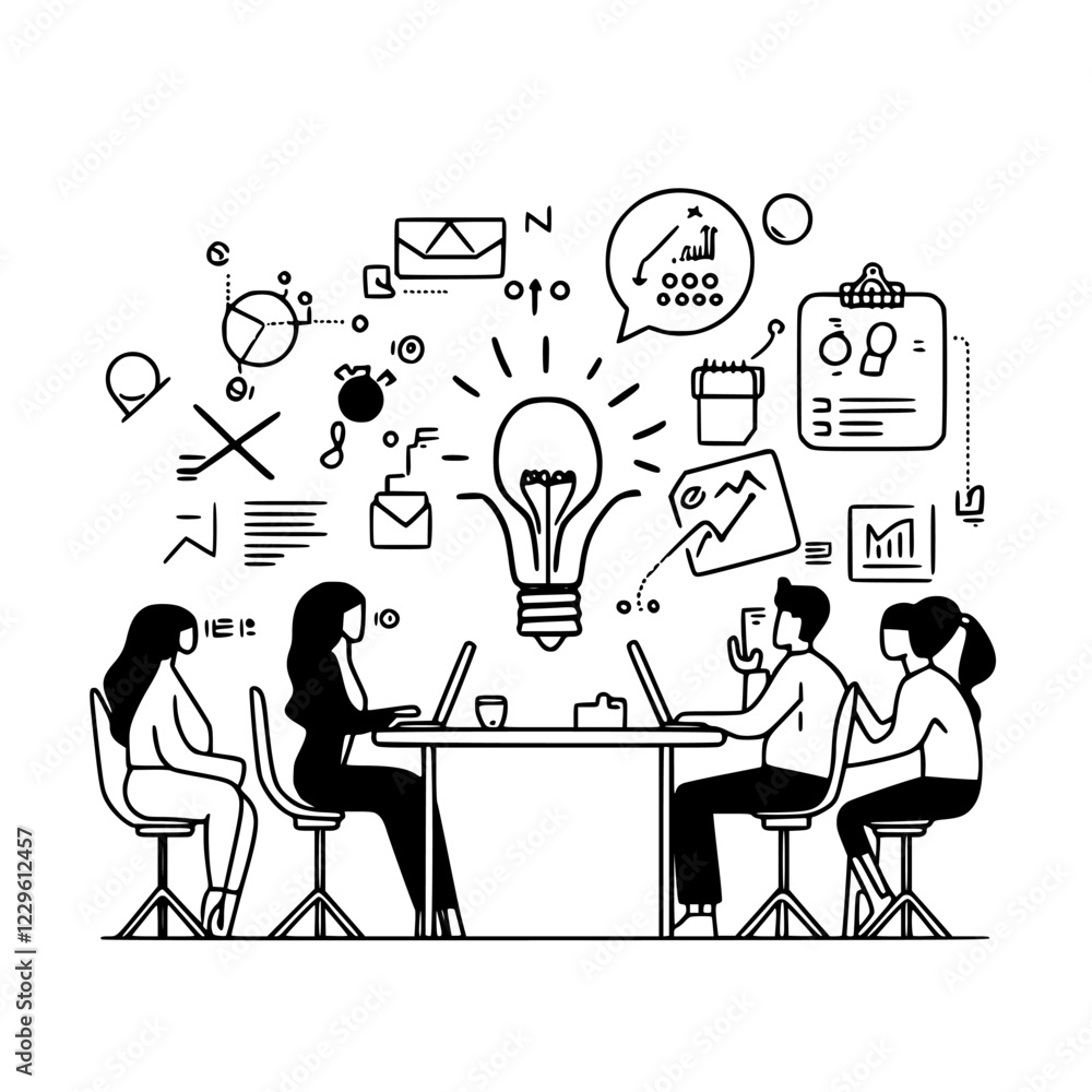 Poster group of professionals collaborating in a creative brainstorming session with various business icons