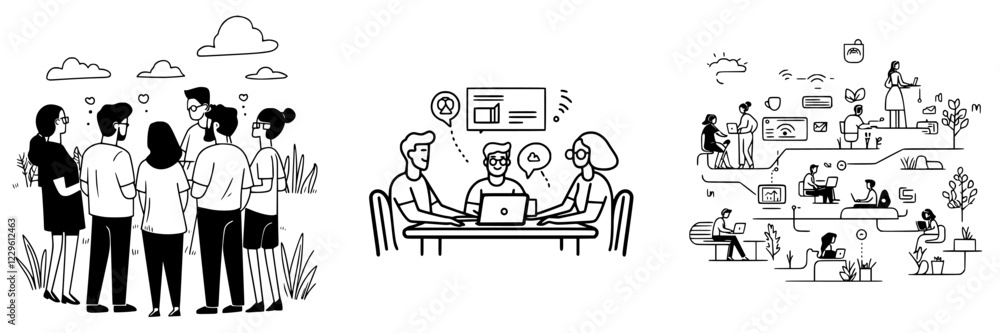 Poster group collaboration and interaction in a modern workspace showcasing teamwork and creativity