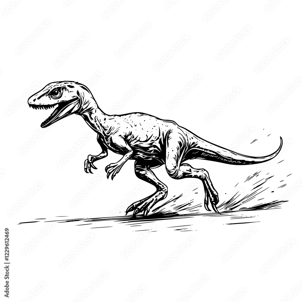 Poster running dinosaur sketch depicting a velociraptor in motion on a plain background