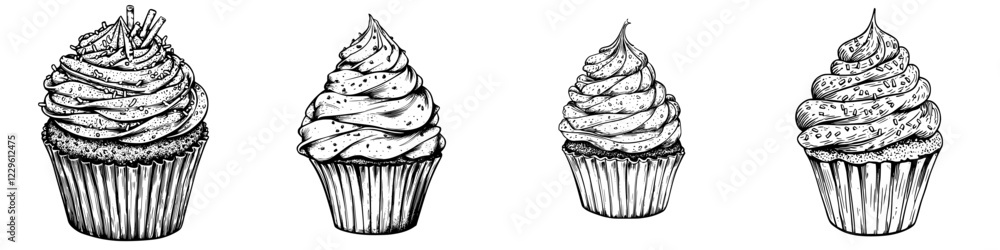 Poster illustrations of four different cupcakes showcasing various frosting designs and toppings in a minim