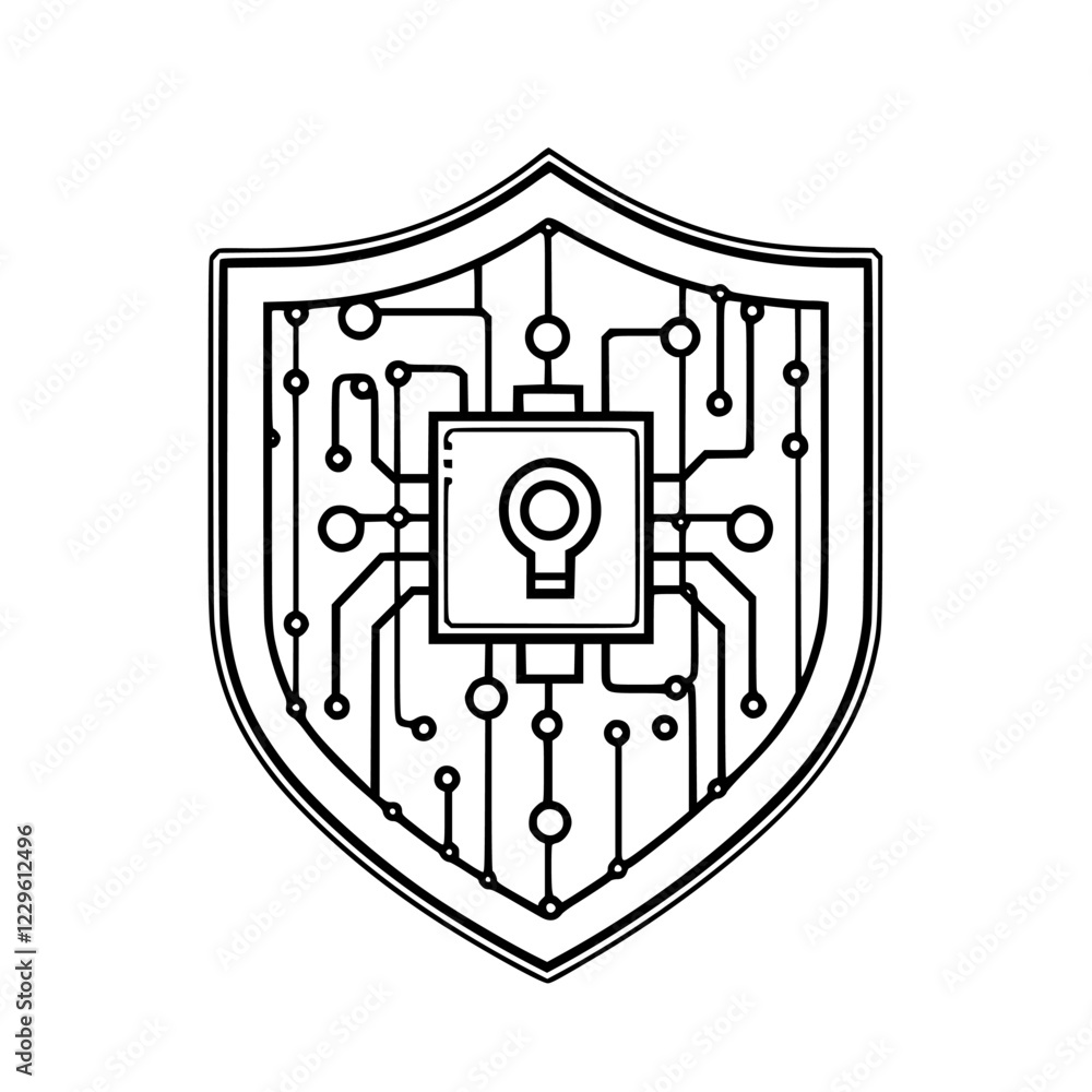 Poster digital security shield design featuring circuit patterns and a keyhole symbol at its center
