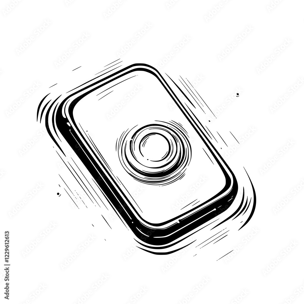 Poster vibrant smartphone with a circular button appears to be vibrating on a flat surface in an artistic s