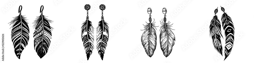 Aufkleber elegant feather earrings displayed in a minimalistic style, showcasing intricate designs and pattern