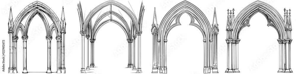 Poster detailed sketches of gothic arches showcasing architectural design elements and styles