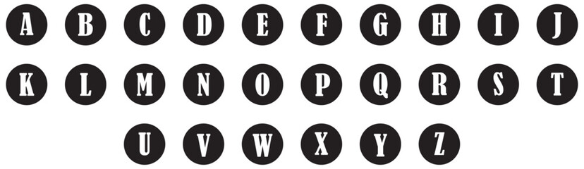 Alphabet capital A to Z letter icons set. Sets of letters from A to Z. Modern stencil alphabet in black circular design, bold uppercase letters for typography, branding, signage, and graphic design.
