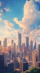 A breathtaking view of a modern city skyline at sunset, featuring towering skyscrapers and vibrant clouds.