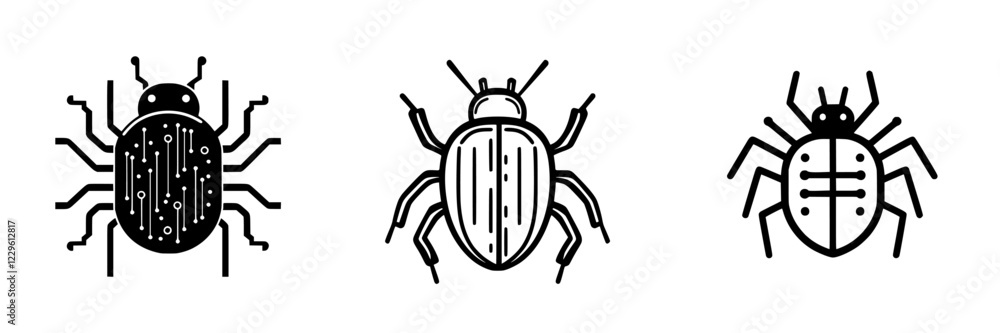 Poster three black and white insect illustrations showcasing different beetle designs and patterns in a min