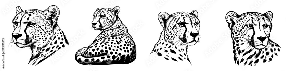 Poster cheetah illustrations showcasing various perspectives and expressions with detailed fur patterns and