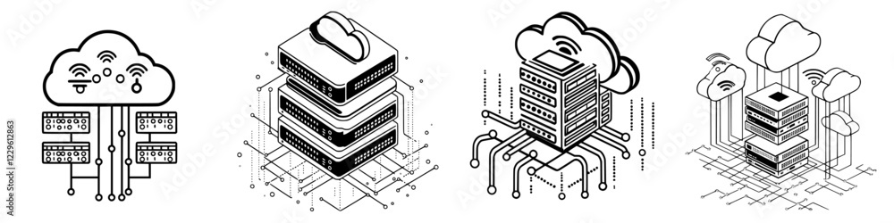 Poster cloud computing technology with servers, data storage, and network connections illustrated in a mode