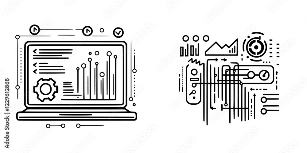 Poster digital data analytics and software development concepts depicted through minimalistic line art desi