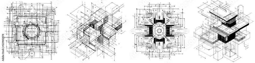 Poster complex geometric patterns and architectural lines created in black and white in a modern artistic d