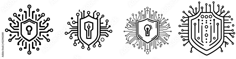 Poster digital security icons depicting shields and locks with circuit patterns for cybersecurity themes an