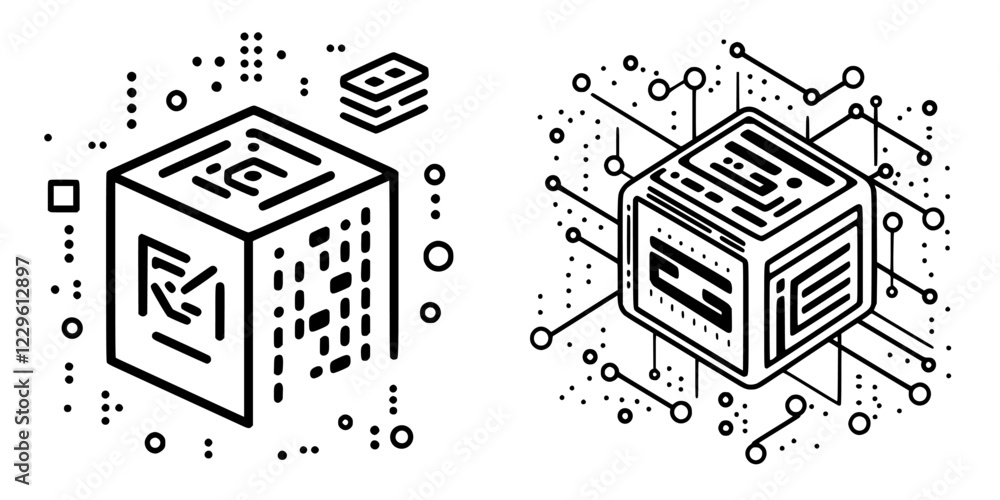 Poster innovative digital cube designs featuring intricate patterns and lines representing technology and c