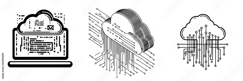 Poster stylized illustrations of cloud computing concepts with digital elements conveying data transfer and