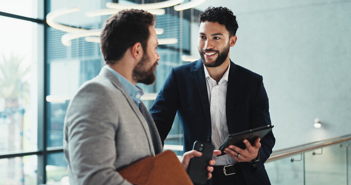 Office, lobby and business people with tablet for feedback, schedule information or conference hall advice. Seminar, employee and keynote speaker with smile for networking, research and online review