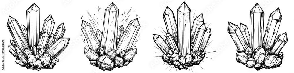 Poster detailed line art of various crystal formations showcasing their unique shapes and textures in a min
