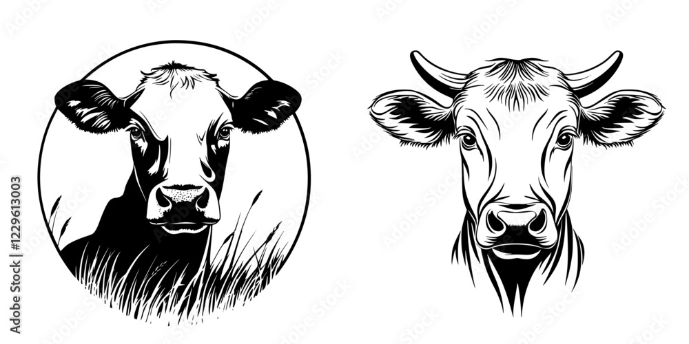 Poster detailed illustrations of two cows with distinct features and styles set against a minimalist backgr