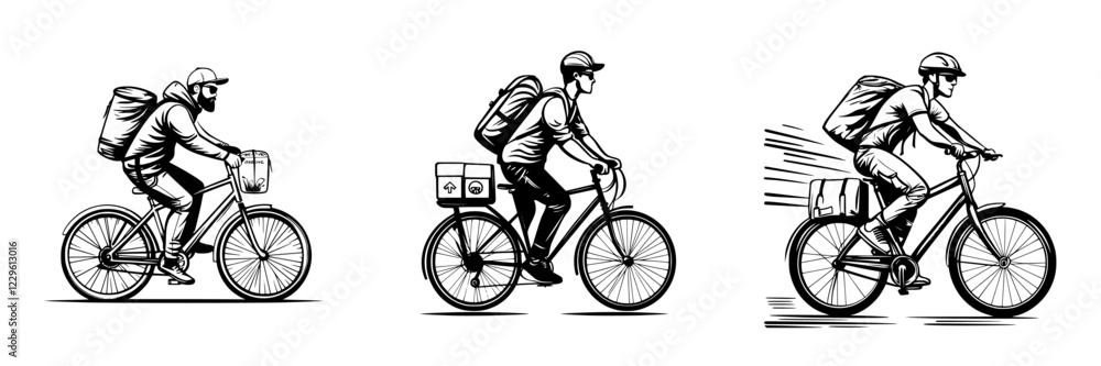 Poster various cyclists riding bicycles with backpacks and cargo in a monochrome style representing differe