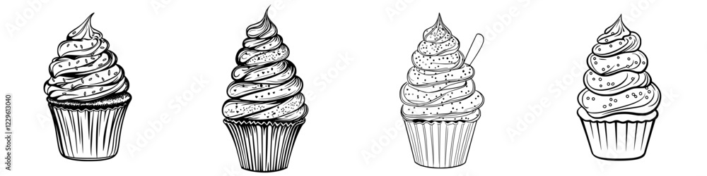 Aufkleber different styles of decorative cupcakes showcasing various frosting techniques and designs in a culi