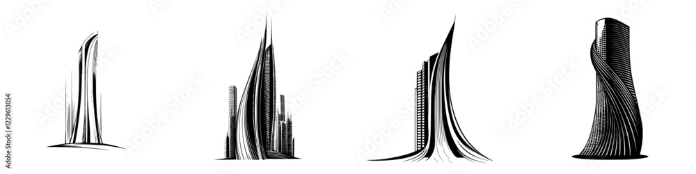 Poster unique architectural designs showcasing modern skyscrapers with dynamic forms in a minimalist style