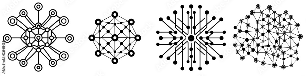 Poster complex patterns of interconnected nodes and lines demonstrate various network designs in a creative