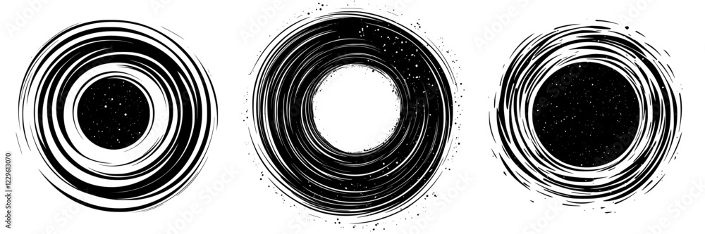 Poster abstract black and white circular patterns illustrating various stages of movement in art design