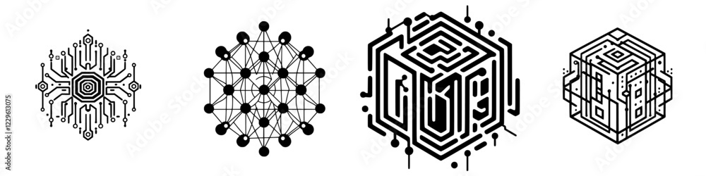 Poster intricate geometric patterns representing technology and connection in a monochrome design
