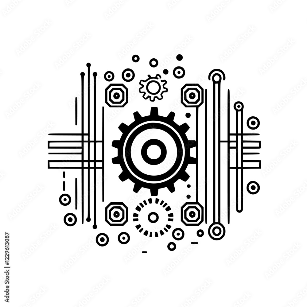 Aufkleber intricate black and white geometric design featuring gears and circular patterns in a modern style