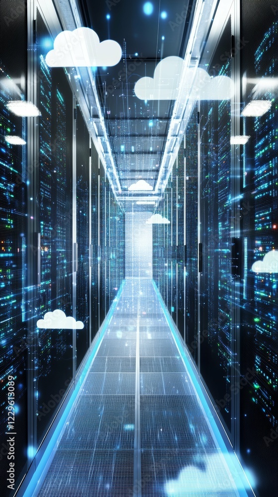 Poster futuristic data center corridor with cloud integration and digital innovation