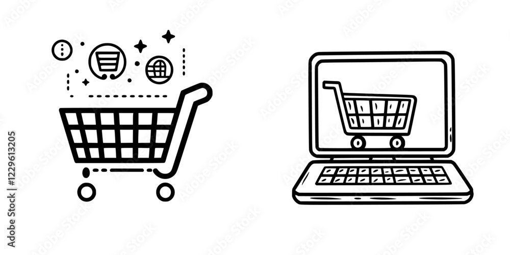 Poster shopping cart graphics representing online and physical retail concepts in a modern design