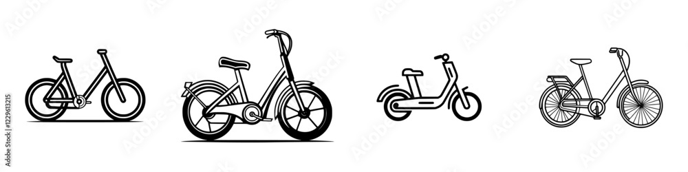Poster various bicycle and scooter designs displayed in a clean and minimalistic style on a white backgroun