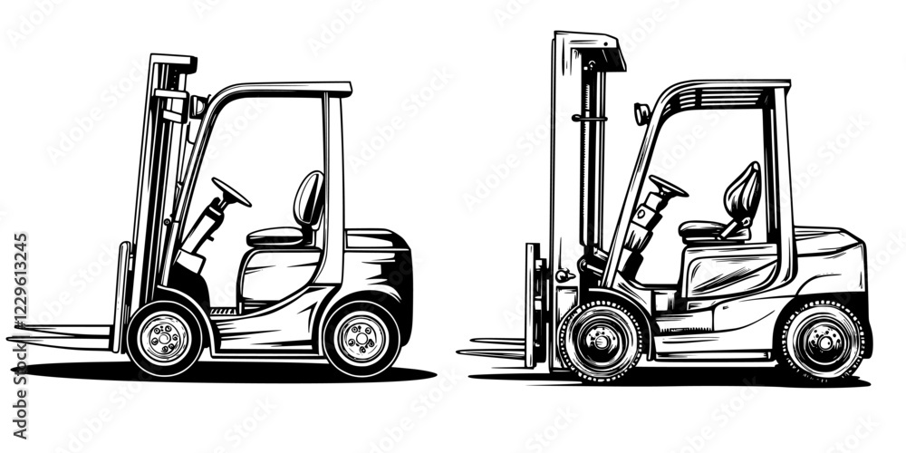 Poster different styles of forklifts showcasing their design variations and functionality in a warehouse se