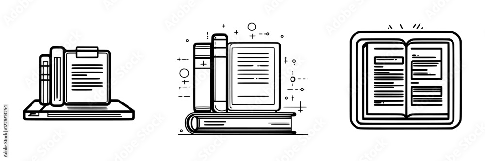 Poster collection of books and documents featuring varying designs and styles on a minimalistic background