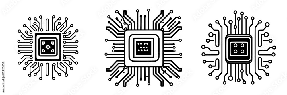 Poster stylized circuit board designs featuring central processing units with intricate connections and pat